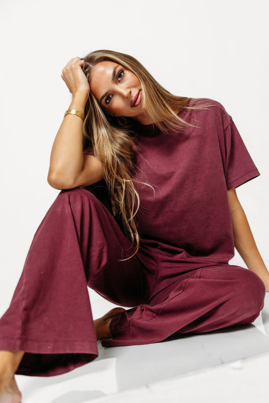 Ashley 100% Mineral Washed Cotton Short Sleeve Tee in Mauve Wine
