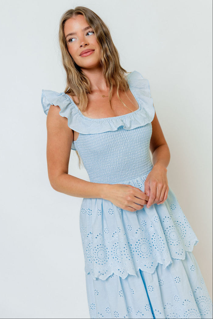 Ashlynn Ruffled Smocked Eyelet Tiered Maxi Dress in Light Blue