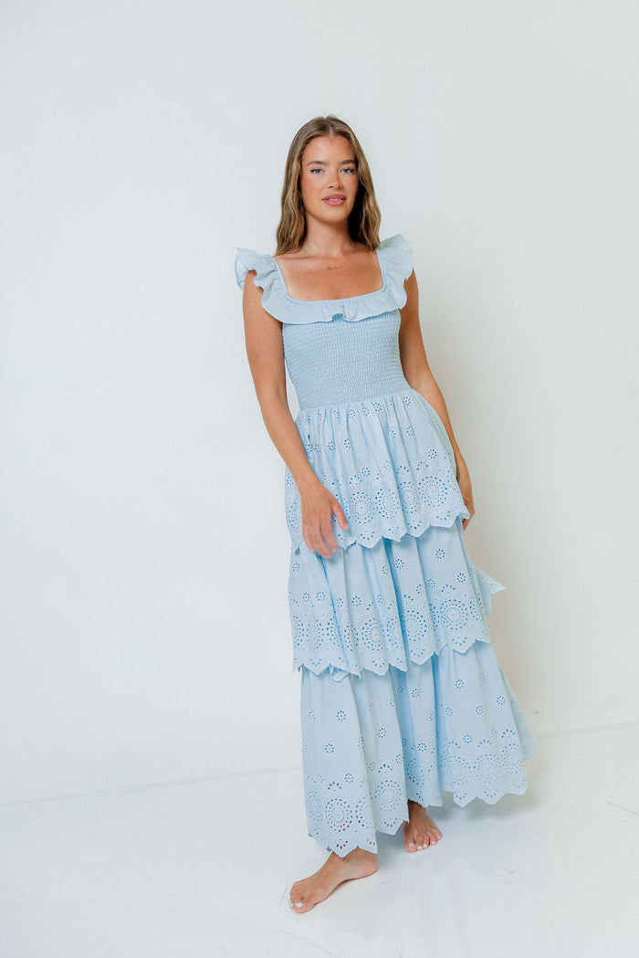 Ashlynn Ruffled Smocked Eyelet Tiered Maxi Dress in Light Blue