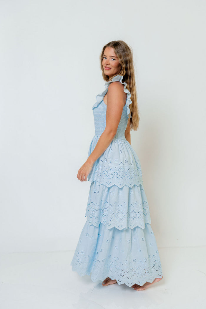 Ashlynn Ruffled Smocked Eyelet Tiered Maxi Dress in Light Blue