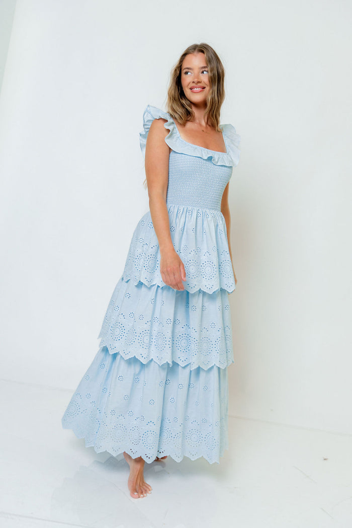 Ashlynn Ruffled Smocked Eyelet Tiered Maxi Dress in Light Blue