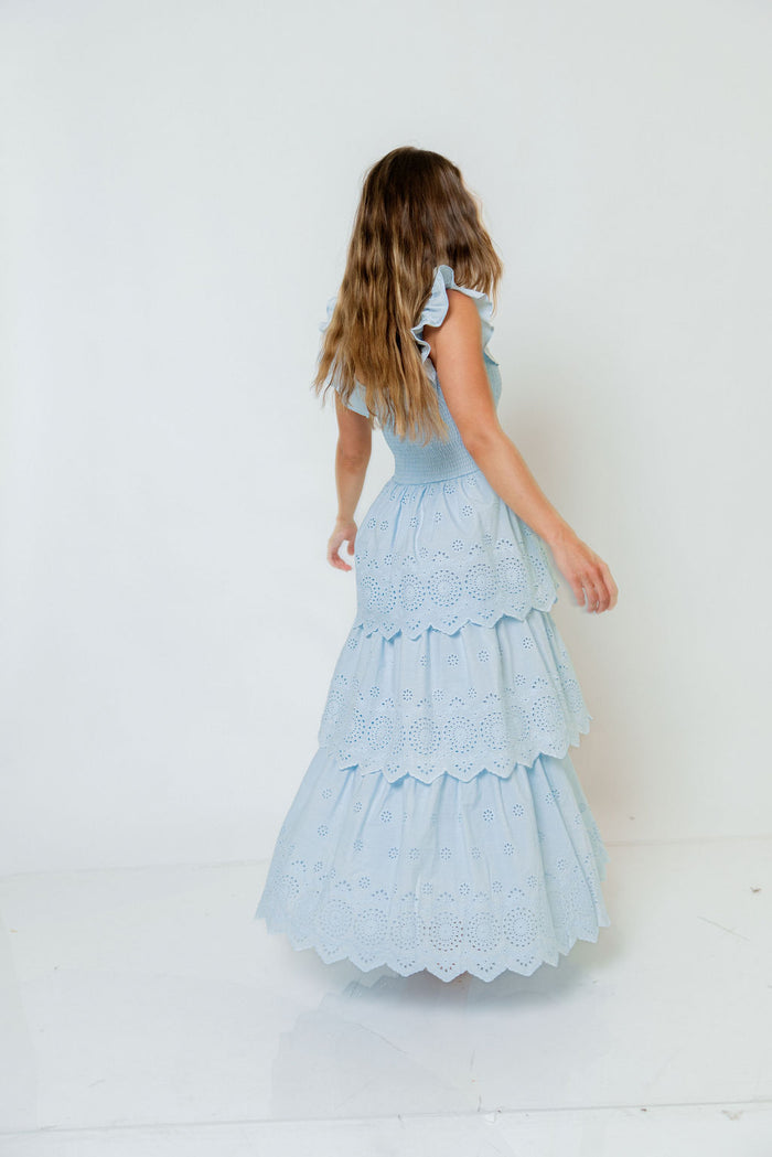Ashlynn Ruffled Smocked Eyelet Tiered Maxi Dress in Light Blue
