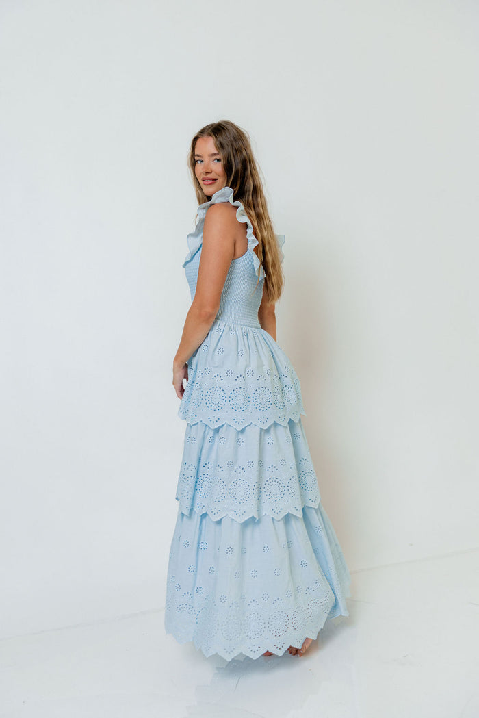 Ashlynn Ruffled Smocked Eyelet Tiered Maxi Dress in Light Blue