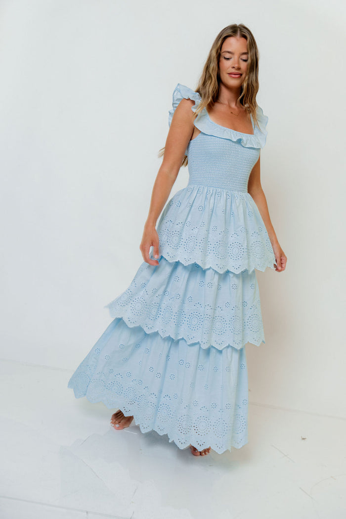 Ashlynn Ruffled Smocked Eyelet Tiered Maxi Dress in Light Blue