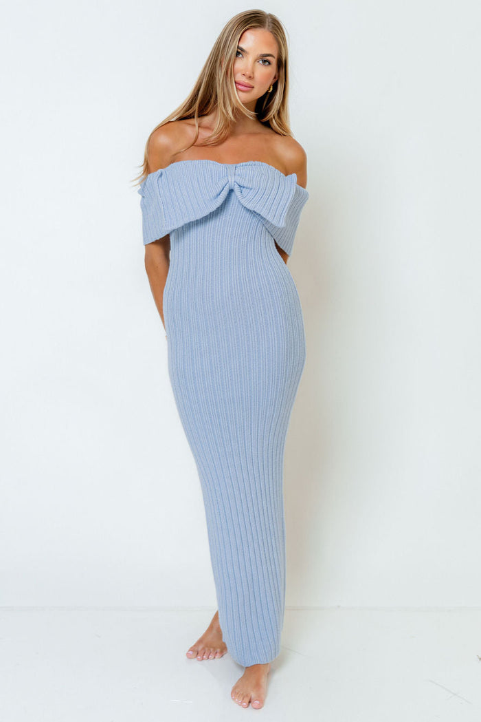 Aston Bow Front Maxi Sweater Dress in Baby Blue - Bump Friendly & Inclusive Sizing - Soft Premium Luxe Fabric