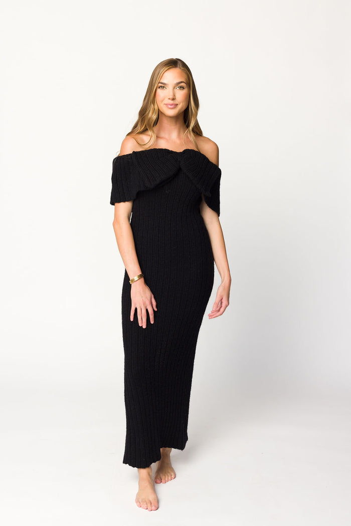 Aston Bow Front Maxi Sweater Dress in Black - Bump Friendly
