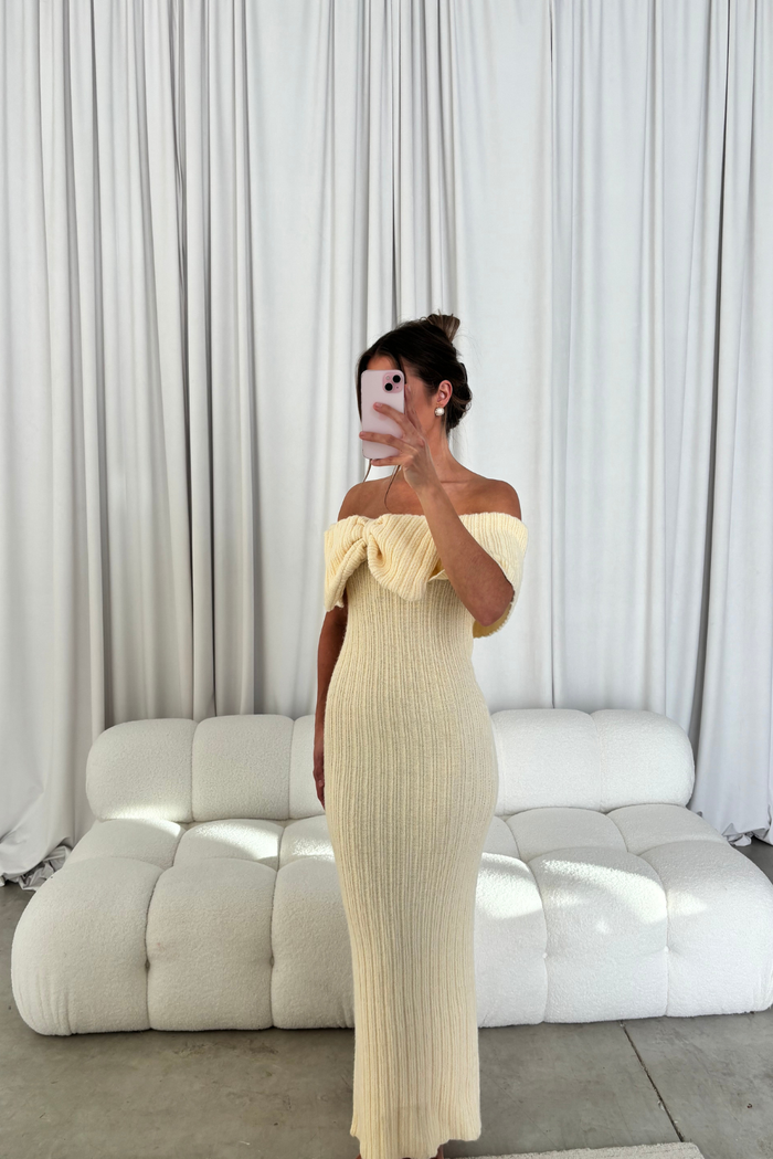 Aston Bow Front Maxi Sweater Dress in Butter Yellow - Bump Friendly