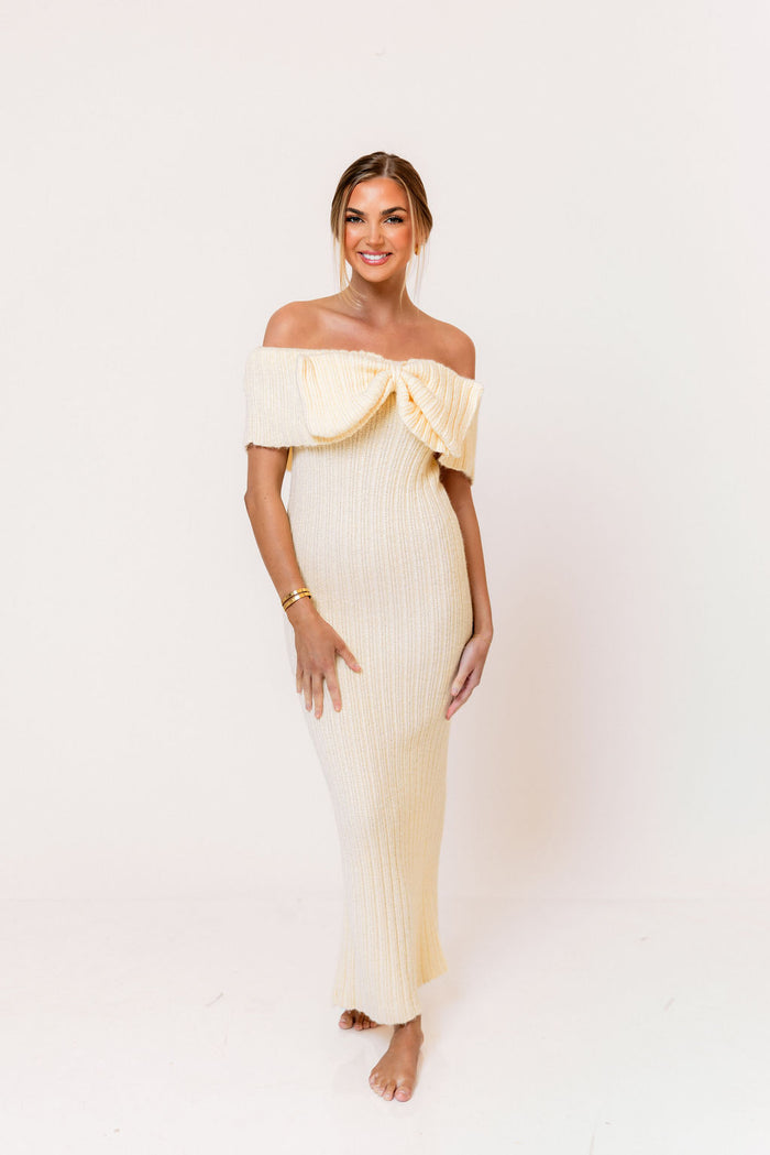 Aston Bow Front Maxi Sweater Dress in Butter Yellow - Bump Friendly
