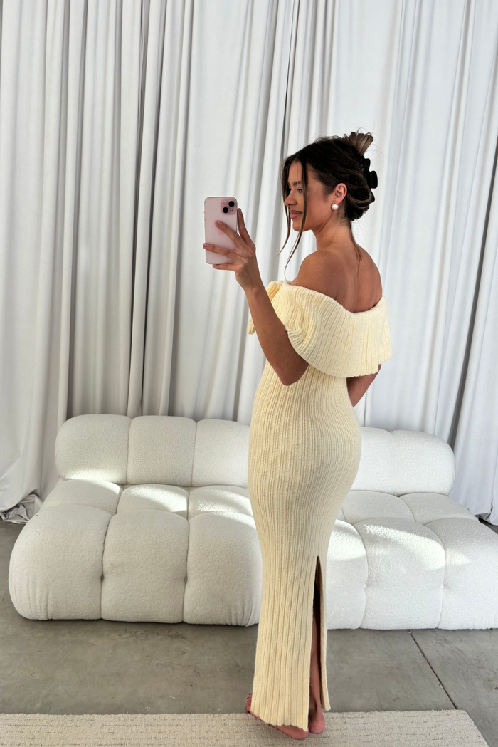 Aston Bow Front Maxi Sweater Dress in Butter Yellow - Bump Friendly