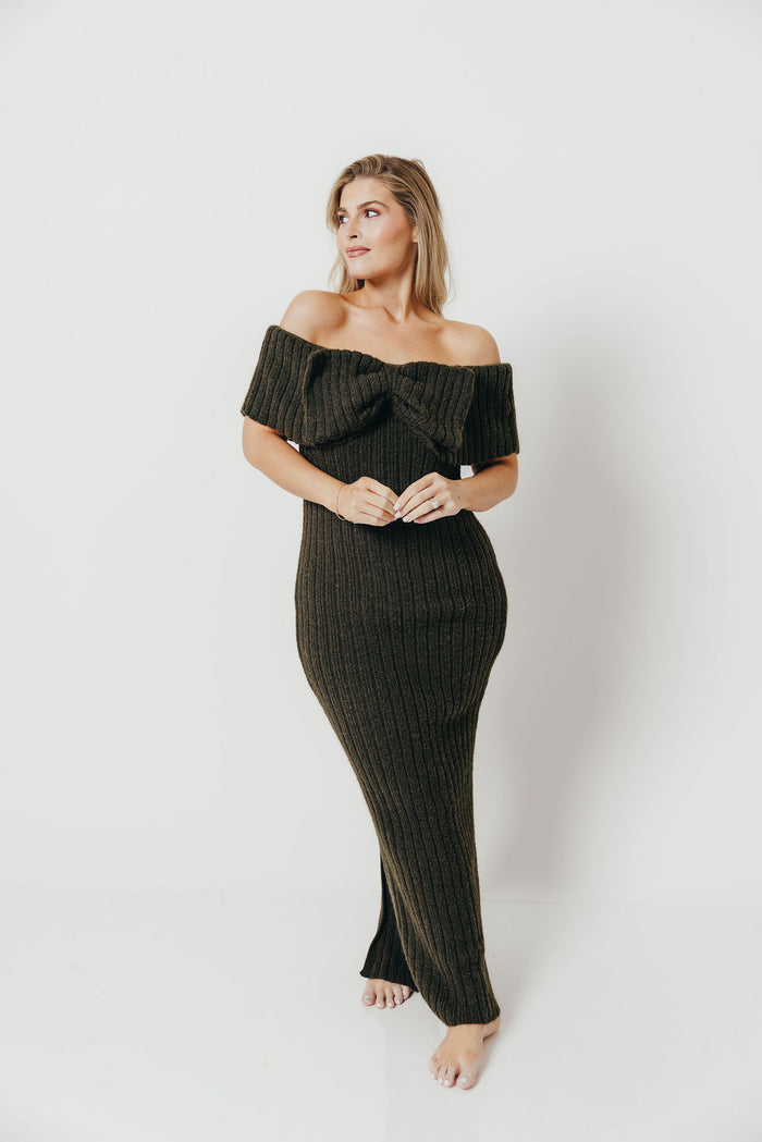 Aston Bow Front Maxi Sweater Dress in Dark Green - Bump Friendly