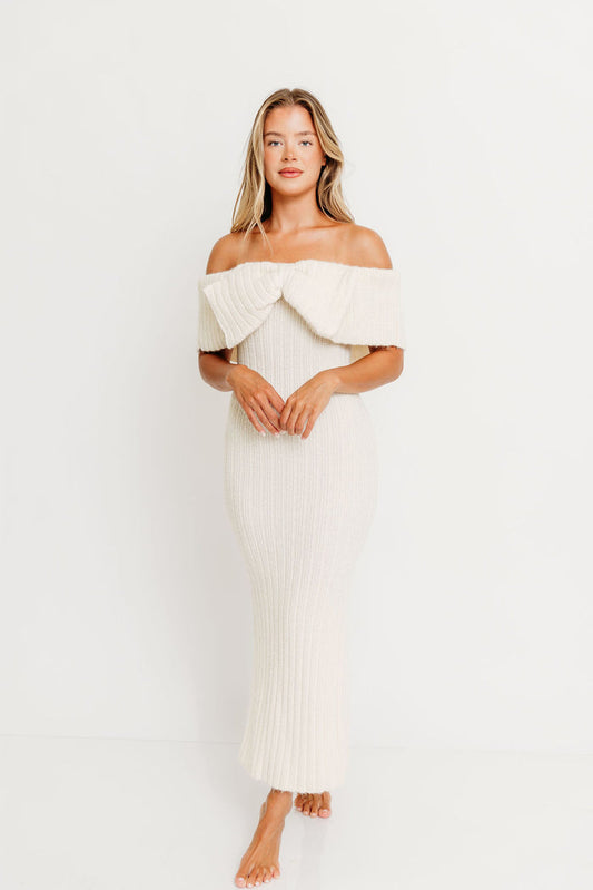 Aston Bow Front Maxi Sweater Dress in Ivory – Bump Friendly & Inclusive Sizing (S-3XL)