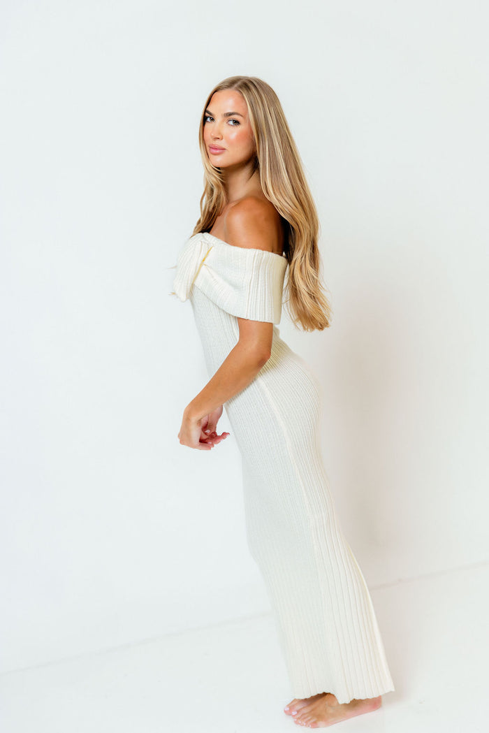 Aston Bow Front Maxi Sweater Dress in Pearl - Bump Friendly & Inclusive Sizing - New Soft Premium Luxe Fabric
