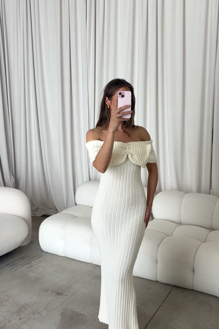 Aston Bow Front Maxi Sweater Dress in Pearl - Bump Friendly & Inclusive Sizing - New Soft Premium Luxe Fabric