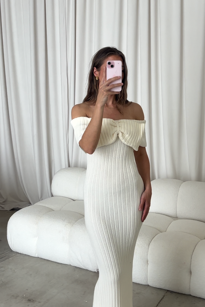 Aston Bow Front Maxi Sweater Dress in Pearl - Bump Friendly & Inclusive Sizing - New Soft Premium Luxe Fabric