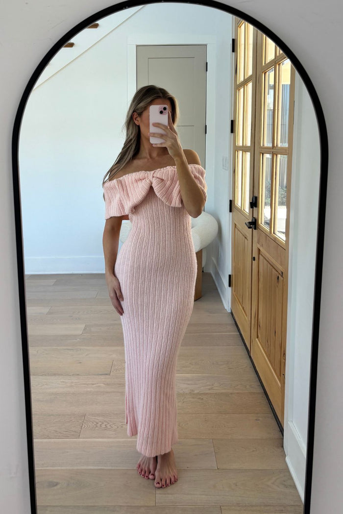 Aston Bow Front Maxi Sweater Dress in Pinkish Petal – Bump Friendly & Inclusive Sizing (XS-3XL)