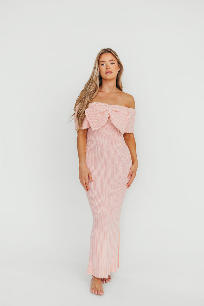 Aston Bow Front Maxi Sweater Dress in Pinkish Petal – Bump Friendly & Inclusive Sizing (XS-3XL)