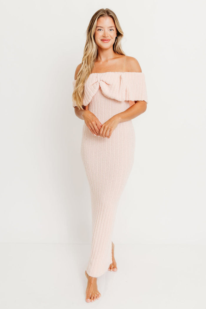 Aston Bow Front Maxi Sweater Dress in Pinkish Petal – Bump Friendly & Inclusive Sizing (XS-3XL)