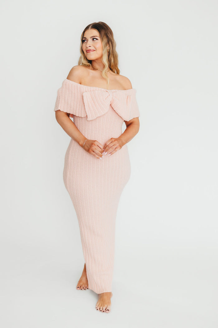 Aston Bow Front Maxi Sweater Dress in Pinkish Petal – Bump Friendly & Inclusive Sizing (XS-3XL)