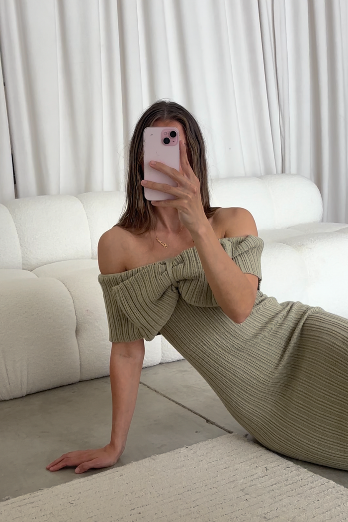 Aston Bow Front Maxi Sweater Dress in Sage - Bump Friendly & Inclusive Sizing - Soft Premium Luxe Fabric