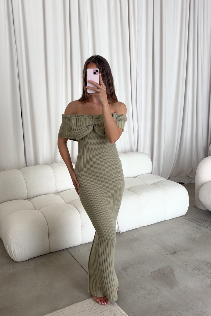 Aston Bow Front Maxi Sweater Dress in Sage - Bump Friendly & Inclusive Sizing - Soft Premium Luxe Fabric