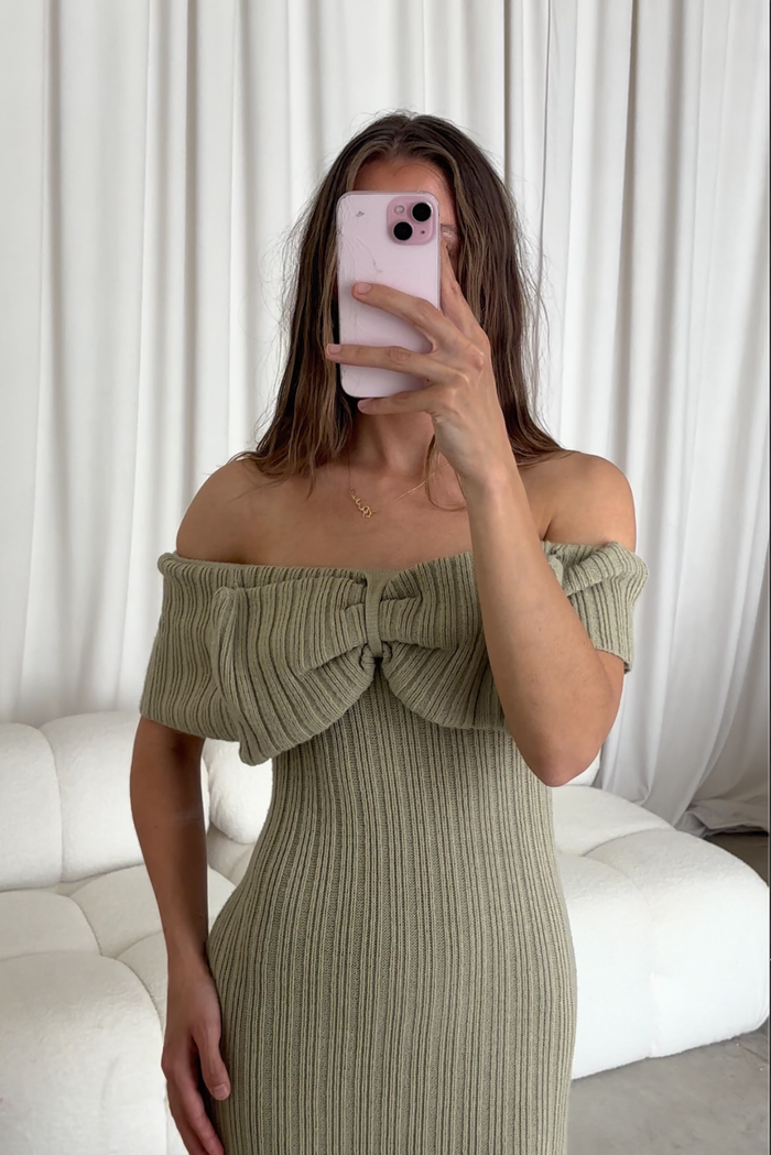 Aston Bow Front Maxi Sweater Dress in Sage - Bump Friendly & Inclusive Sizing - Soft Premium Luxe Fabric