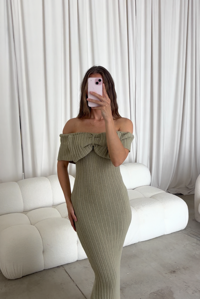 Aston Bow Front Maxi Sweater Dress in Sage - Bump Friendly & Inclusive Sizing - Soft Premium Luxe Fabric