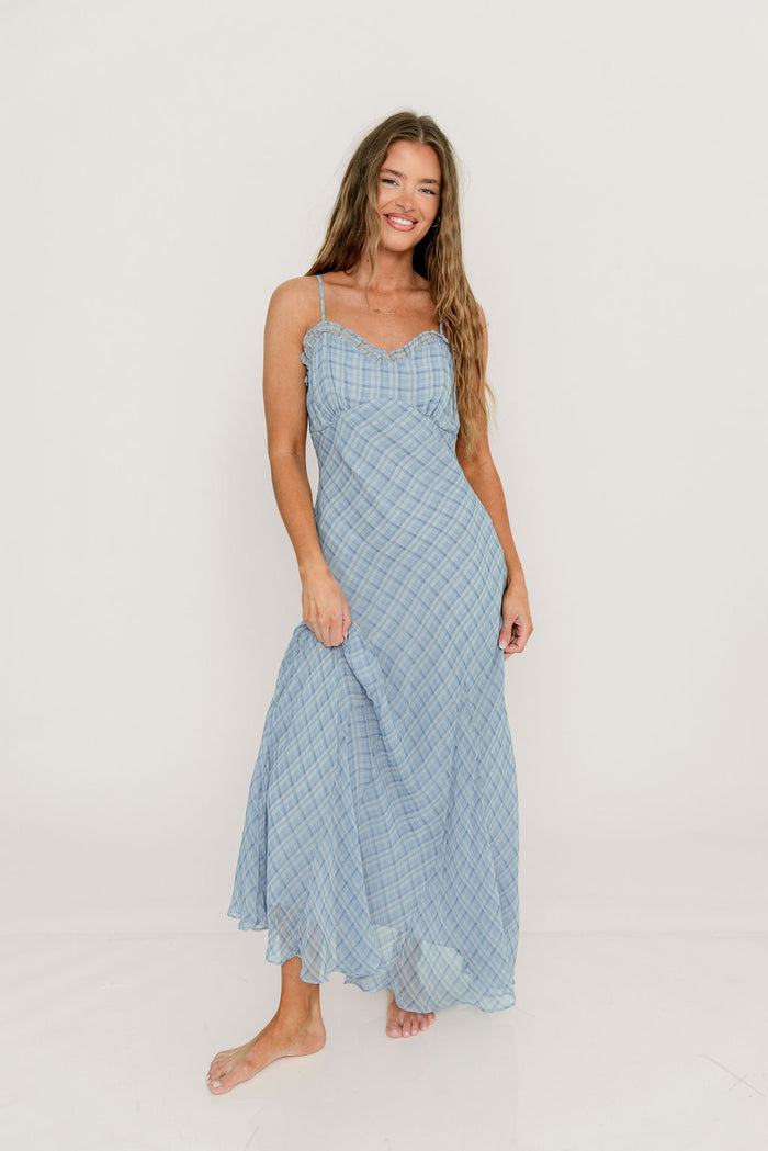 ASTR Maeryn Ruffle Trim Maxi Dress in Blue Plaid