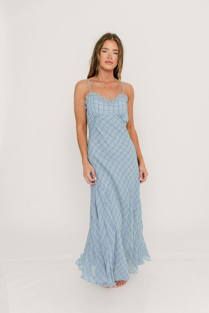 ASTR Maeryn Ruffle Trim Maxi Dress in Blue Plaid