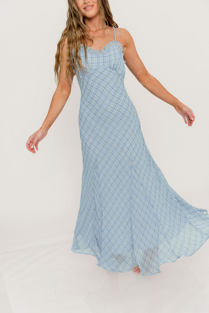 ASTR Maeryn Ruffle Trim Maxi Dress in Blue Plaid
