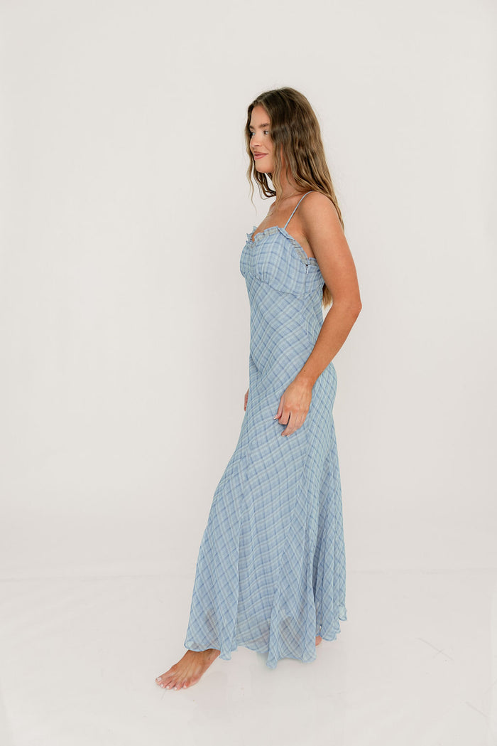 ASTR Maeryn Ruffle Trim Maxi Dress in Blue Plaid