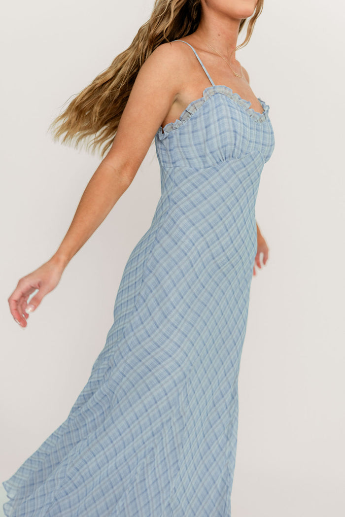 ASTR Maeryn Ruffle Trim Maxi Dress in Blue Plaid