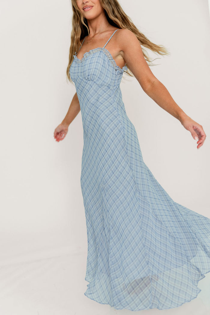 ASTR Maeryn Ruffle Trim Maxi Dress in Blue Plaid