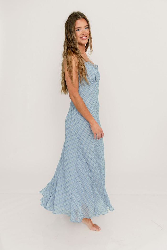 ASTR Maeryn Ruffle Trim Maxi Dress in Blue Plaid