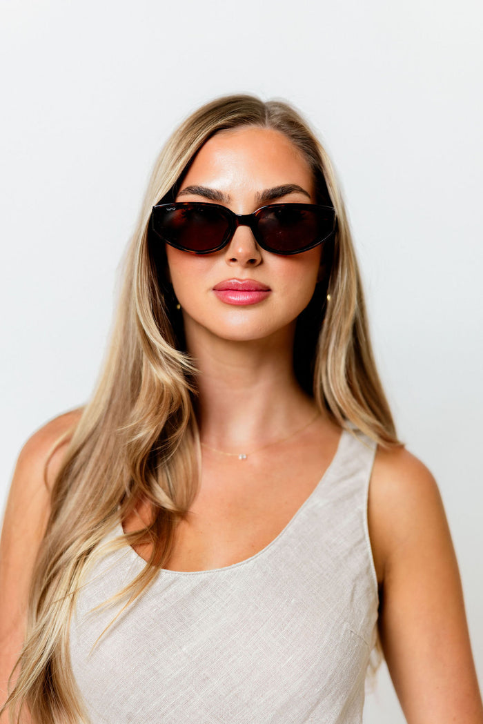 Astra Women's Anti-Reflective Narrow Cat-Eye Sunglasses in Brown Tortoise with Dark Brown Lens