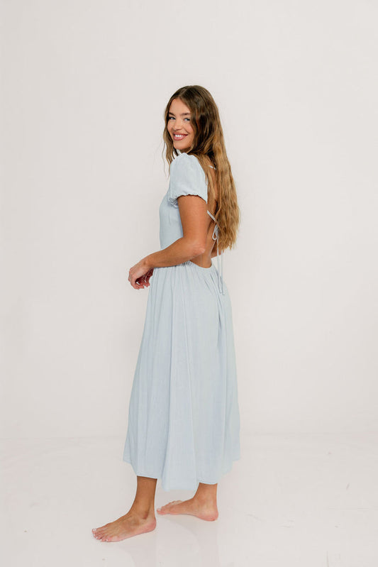 August Open Back Midi Dress in Baby Blue - Bump Friendly