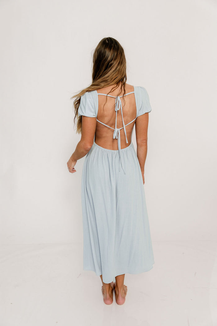 August Open Back Midi Dress in Baby Blue - Bump Friendly