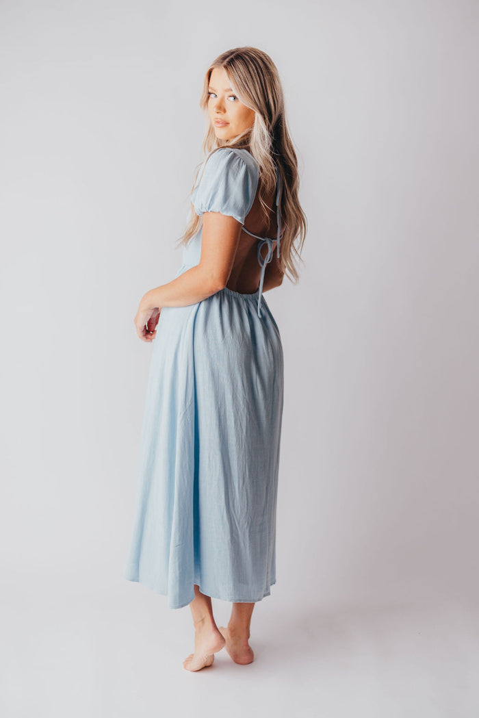 August Open Back Midi Dress in Baby Blue - Bump Friendly