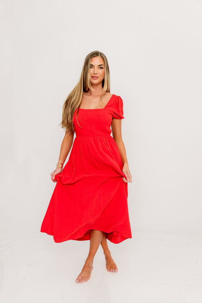 August Open Back Midi Dress in Poppy - Bump Friendly *Final Sale*