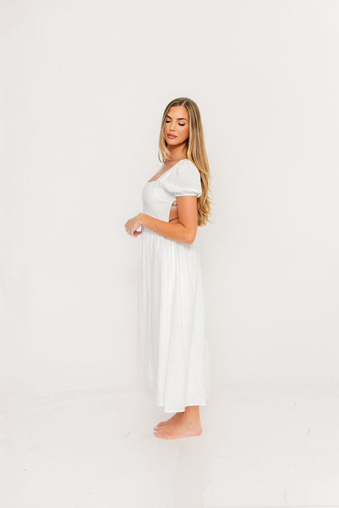 August Open Back Midi Dress in White - Bump Friendly