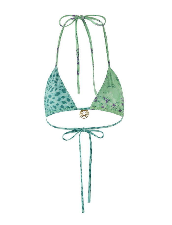 The AUTUMN BIKINI TOP - GREEN: FLORAL: ANIMAL from TIGERMIST is a green tie-dye triangle bikini top featuring adjustable tie straps at the neck and back. It includes a small gold circular embellishment at the center between the cups, complemented by an adjustable underbust strap. The fabric showcases a pattern of various shades of green.
