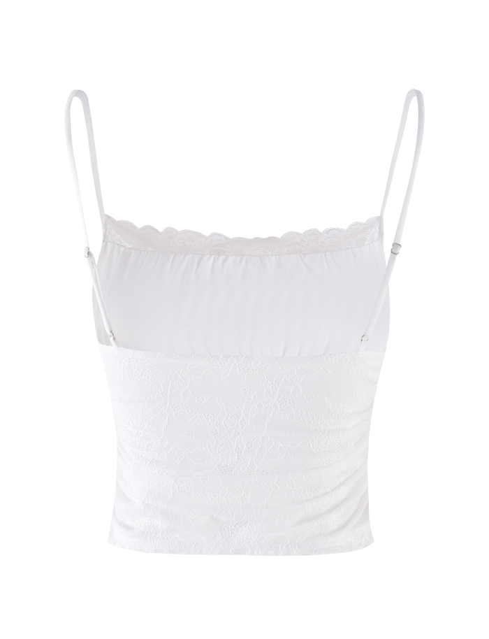 The AVALYN TOP - WHITE by TIGERMIST features adjustable spaghetti straps, a scalloped lace neckline, and is made from stretchy fabric, shown on a plain white background.