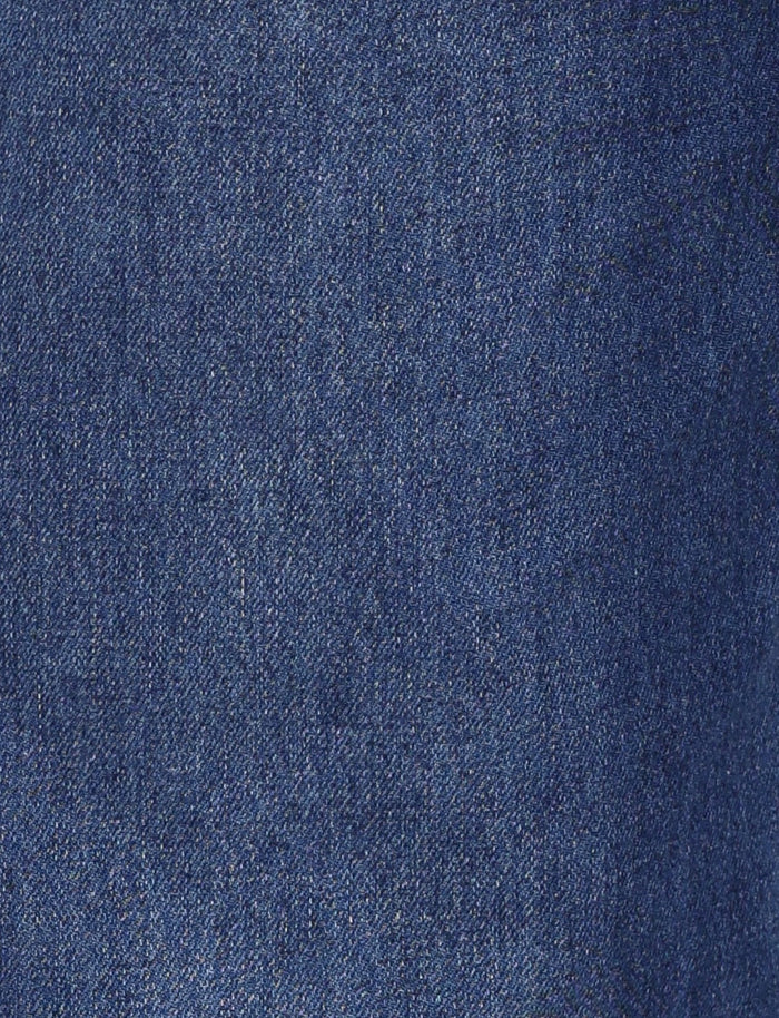 A close-up view of the AVEREE JEAN - BLUE : DARK WASH from TIGERMIST showcases its coarse texture and characteristic weave pattern. The fabric demonstrates a uniform appearance with shades of indigo blue and visible fibers, embodying the classic jeans material.