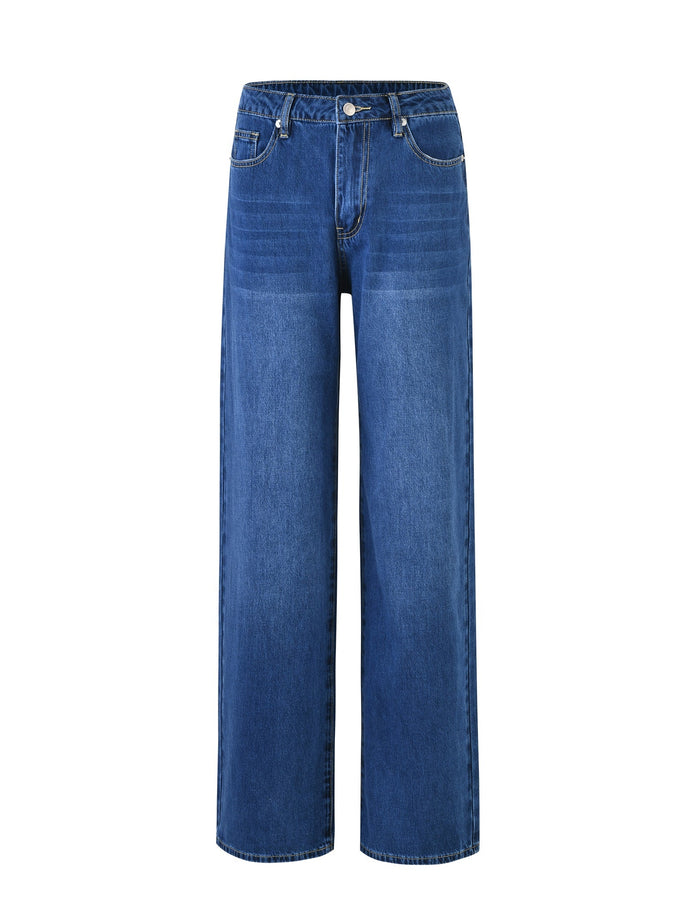 Image of a pair of AVEREE JEAN - BLUE : DARK WASH by TIGERMIST. These wide-leg jeans feature a high-waisted design with front and back pockets, a button closure, and visible stitching along the seams. The dark wash denim exhibits a slight fade effect on the thighs and knees.