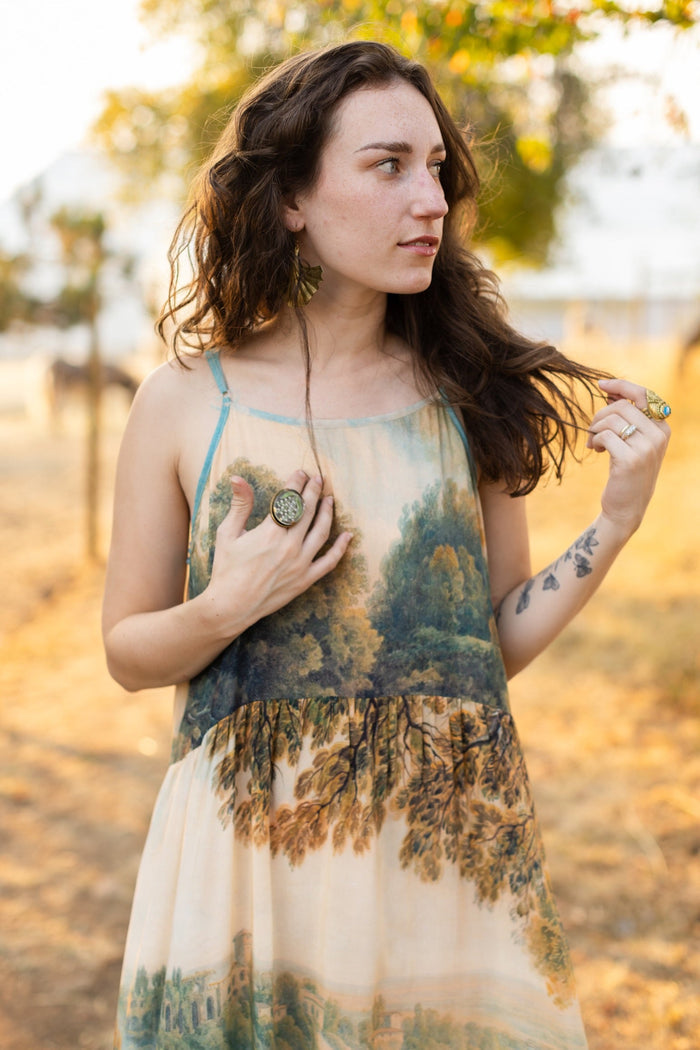 Soft bamboo viscose Bohéme slip dress featuring 18th-century Tivoli waterfalls and Lady Liberty artwork, designed to celebrate self-love and personal power – Market of Stars.