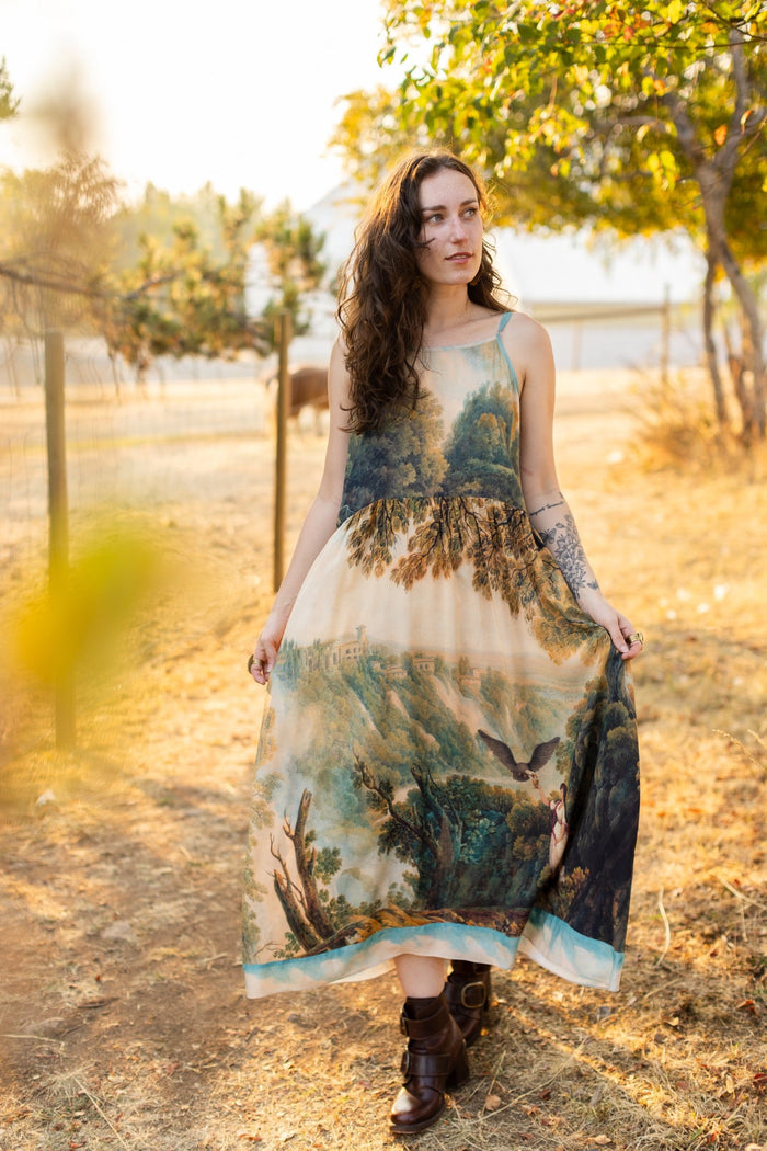 Soft bamboo viscose Bohéme slip dress featuring 18th-century Tivoli waterfalls and Lady Liberty artwork, designed to celebrate self-love and personal power – Market of Stars.