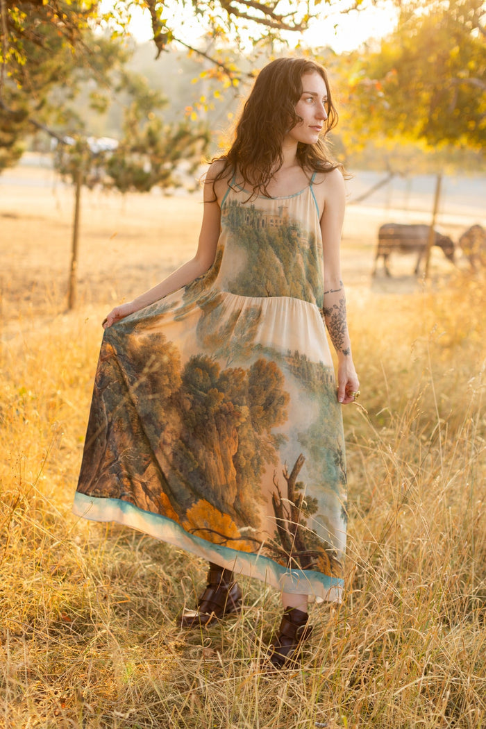 Soft bamboo viscose Bohéme slip dress featuring 18th-century Tivoli waterfalls and Lady Liberty artwork, designed to celebrate self-love and personal power – Market of Stars.