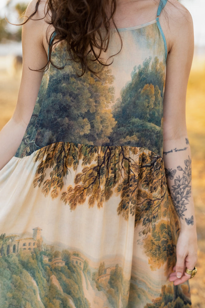 Soft bamboo viscose Bohéme slip dress featuring 18th-century Tivoli waterfalls and Lady Liberty artwork, designed to celebrate self-love and personal power – Market of Stars.