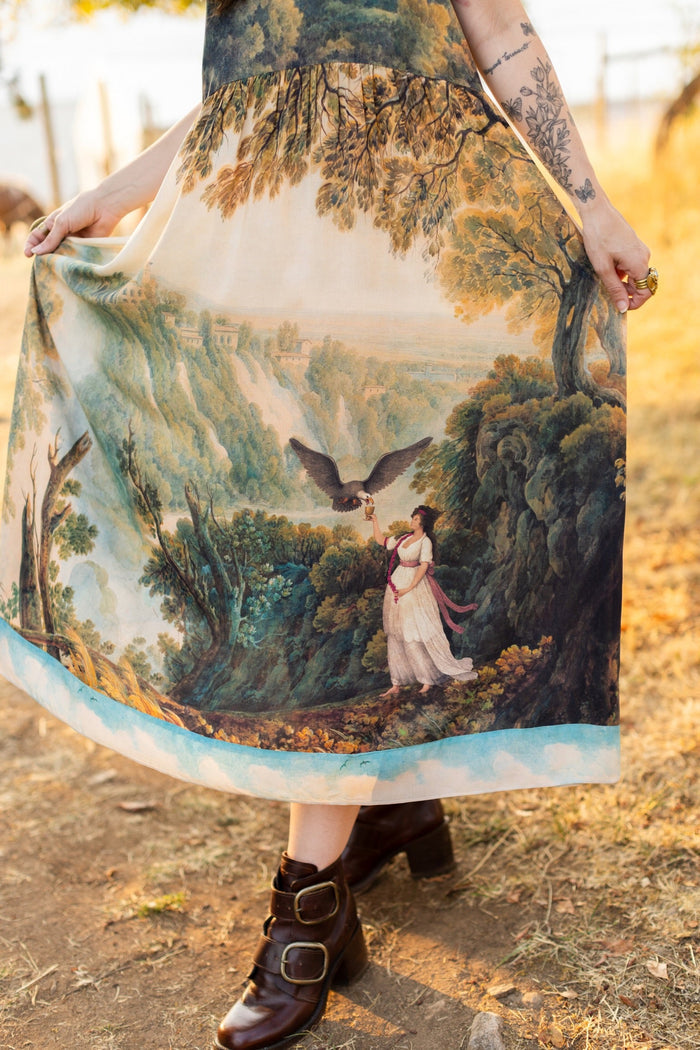 Soft bamboo viscose Bohéme slip dress featuring 18th-century Tivoli waterfalls and Lady Liberty artwork, designed to celebrate self-love and personal power – Market of Stars.
