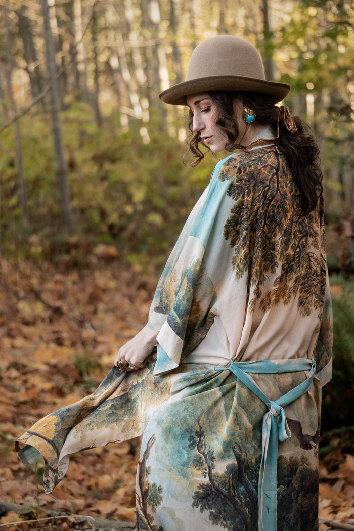 Romantic kimono featuring 18th-century Tivoli waterfalls and Lady Liberty art in a soft, painterly palette celebrating strength and self-love – Market of Stars.