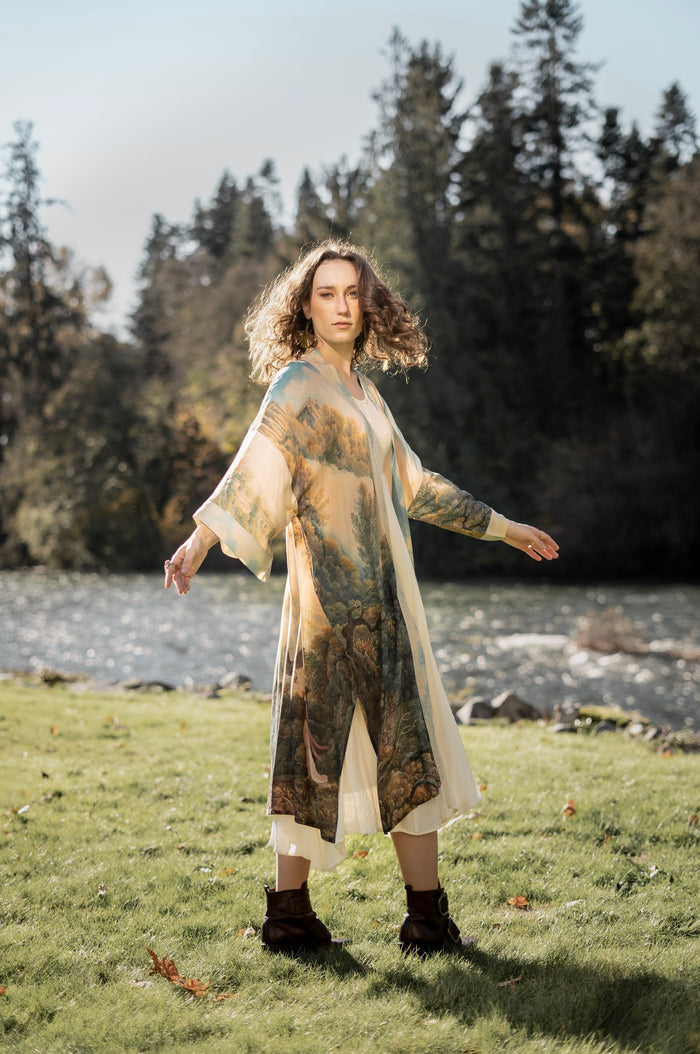 Romantic kimono featuring 18th-century Tivoli waterfalls and Lady Liberty art in a soft, painterly palette celebrating strength and self-love – Market of Stars.